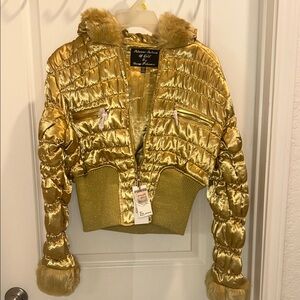 Gold Shiny Quilted Fur-Trim Bomber Jacket